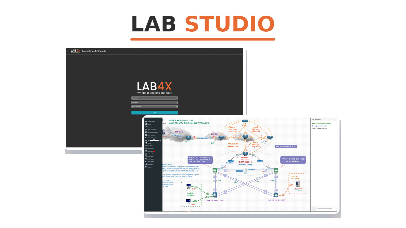 LAB STUDIO: pagina inicial e um lab de rede aberto no navegador